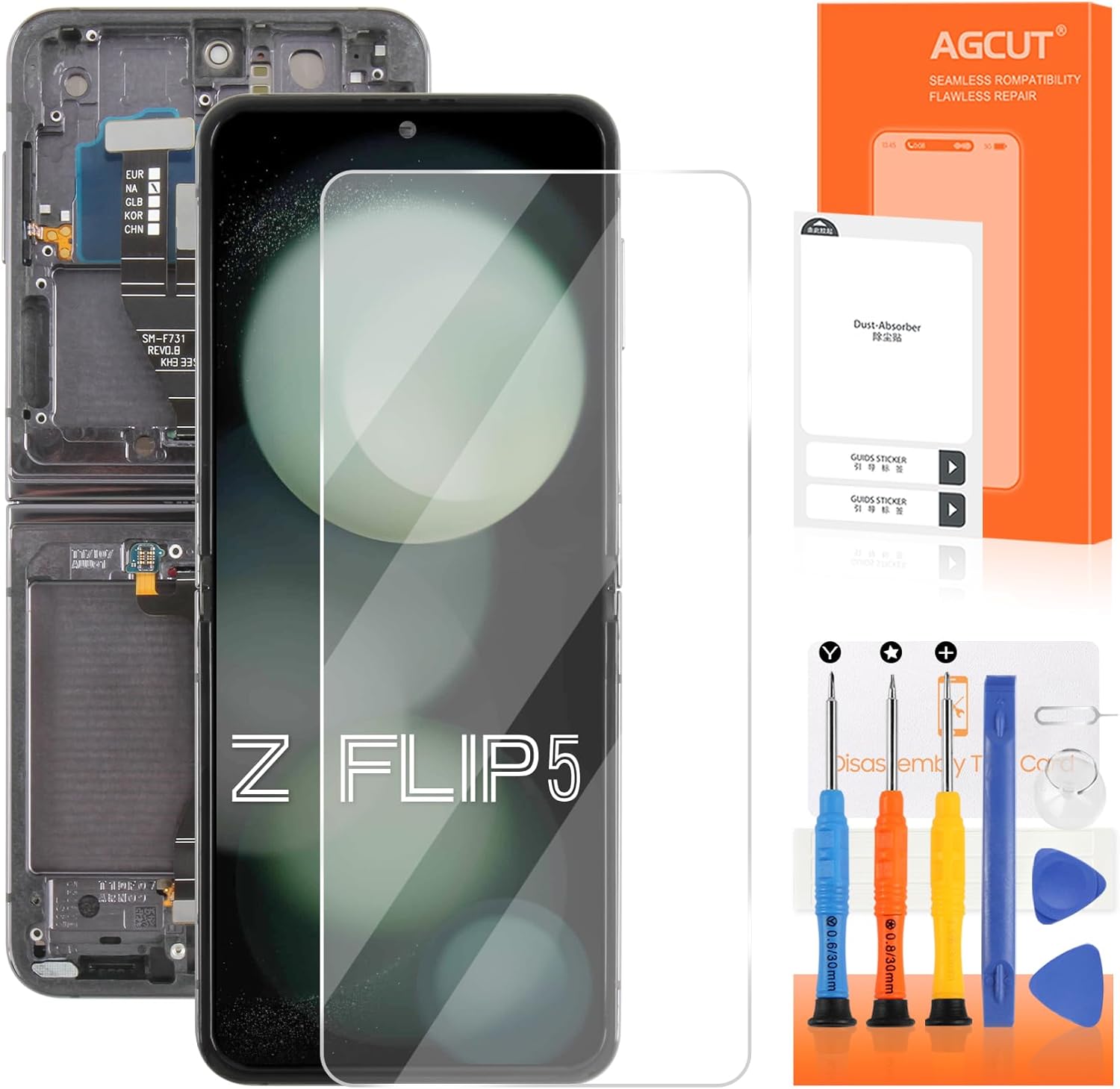 Original Inner Foldable for Samsung Galaxy Z Flip5 Screen Replacement for Samsung Z Flip 5 LCD Display SM-F731B SM-F731U LCD Digitizer Touch Screen Assembly Repair Part with Frame (Black)