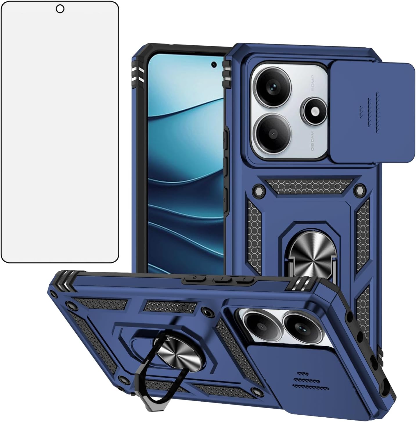 Asuwish Phone Case Compatible with Xiaomi Redmi Note 14 5G Slide Camera Cover Tempered Glass Screen Protector Ring Holder Stand Rugged Slim Cell Protective Note14 145G Women Men Military Grade Blue