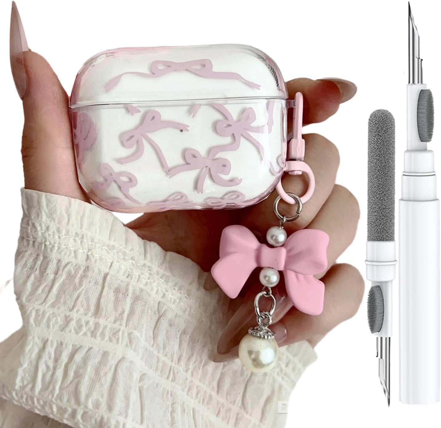 Cute Case AirPods Pro 2/1 Case Cover 2023/2022/2019 for Girly Bow Pattern Fashion Design Bowknot Aesthetic Shockproof Apple Airpod Pro 2nd/1 Cover, with Cleaning Kit & Bow Pearl Keychain