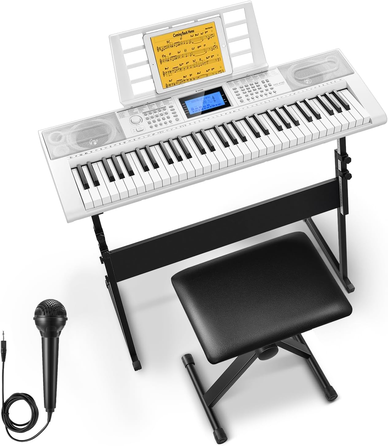 Donner Keyboard Piano 61 Key, Electric Keyboard Kit with 249 Voices, 249 Rhythms – Includes Piano Stand, Stool, Microphone, Gift for Beginners, White(DEK-610S)