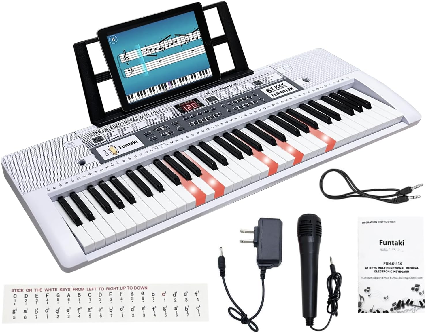61 Key Electric Piano Keyboard with Lighted Keys, Digital Portable Synthesizer Keyboards with Stand, Mini Music Keyboard Pianos for Beginners Kids Adults, White