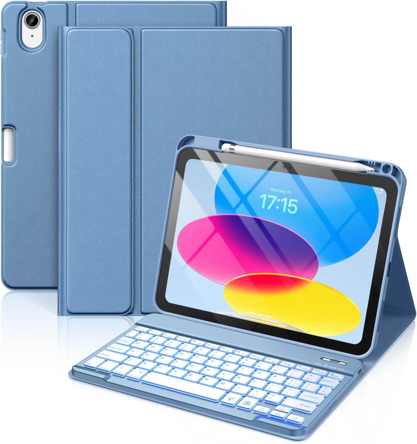 Hamile for iPad 11th 10th Generation Case with Keyboard – 7 Colors Backlit Wireless Detachable Folio Keyboard Cover with Pencil Holder for iPad 11-inch A16 2025 10th Gen 10.9 Inch 2022 (Blue)