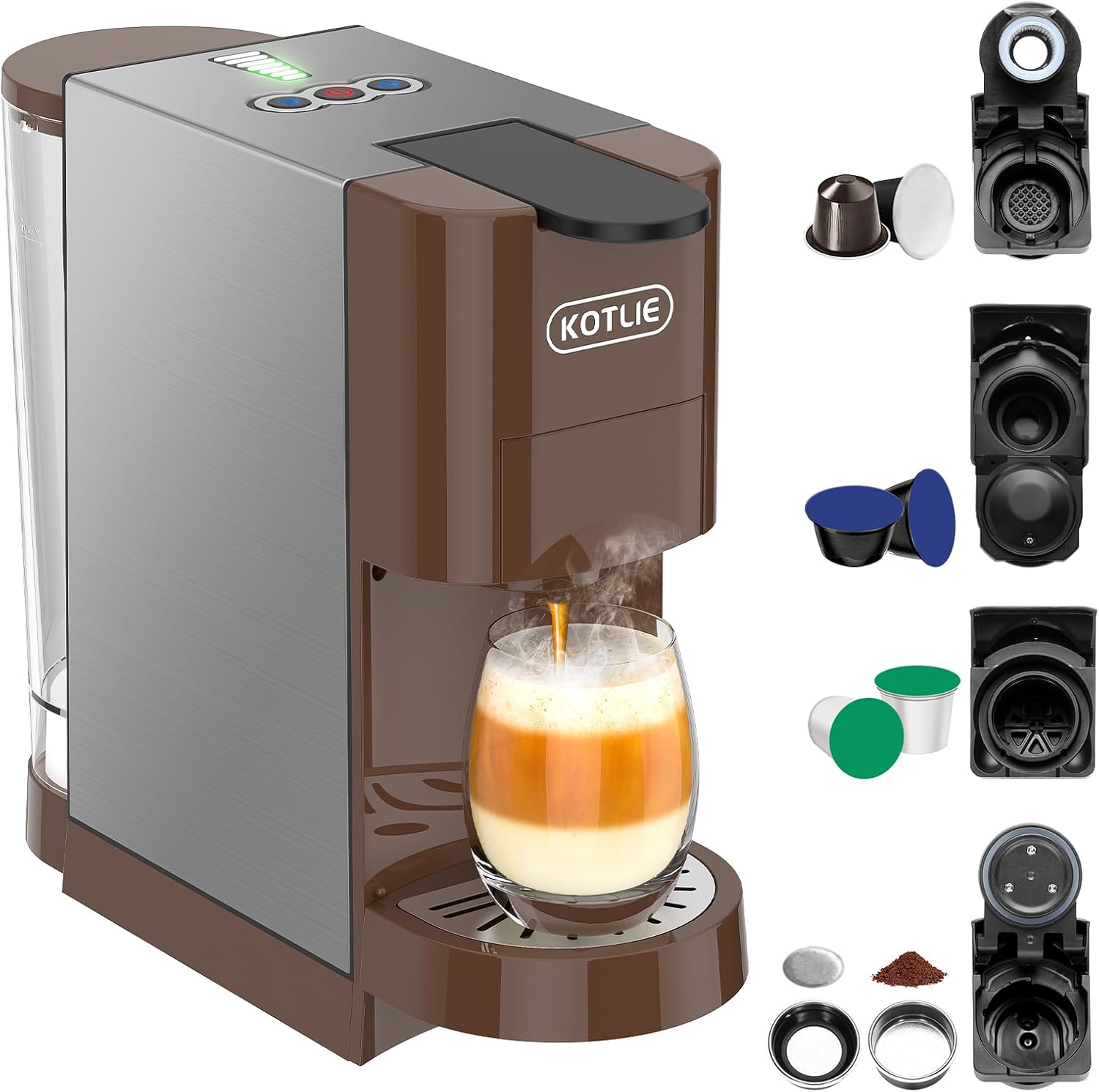 KOTLIE Multifunctional 5in1 Espresso Machine, 19Bar Pressure Single Serve Coffee Maker for NES* Original/Dolce Gusto/K cup/Ground Coffee/illy 44mm ESE, Cold&Hot Brew, Level 7 watervolume (AC-513HF)