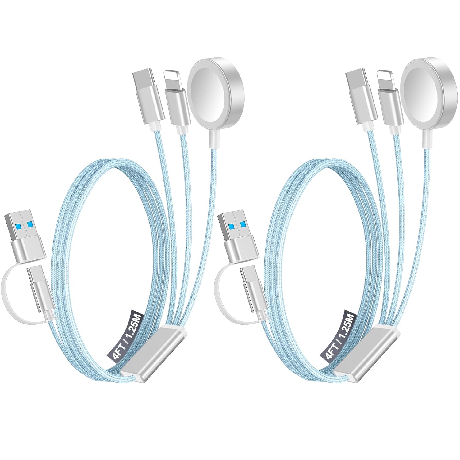 2Pack Multi Fast Charging Cable for Apple Watch Charger,iPhone Charger,[3-in-2 Travel Essentials]USB A/Type C/Lightning Cable for iWatch Ultra/SE/10-2,iPhone 16-11,Galaxy S25-21,Airpods,iPad-4FT Blue