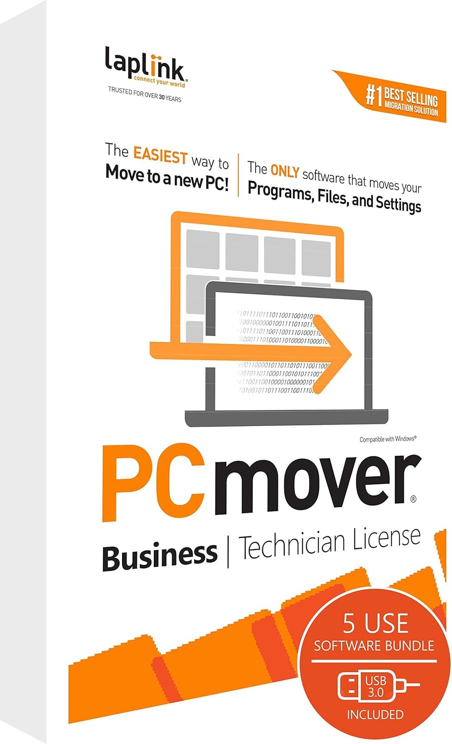 Laplink PCmover Migration Software – Initial Pay-Per-Use License Fee – Monthly invoicing for additional uses – $34.95/license – With Super Speed USB 3.0 cable – Business Technician, 5 Licenses