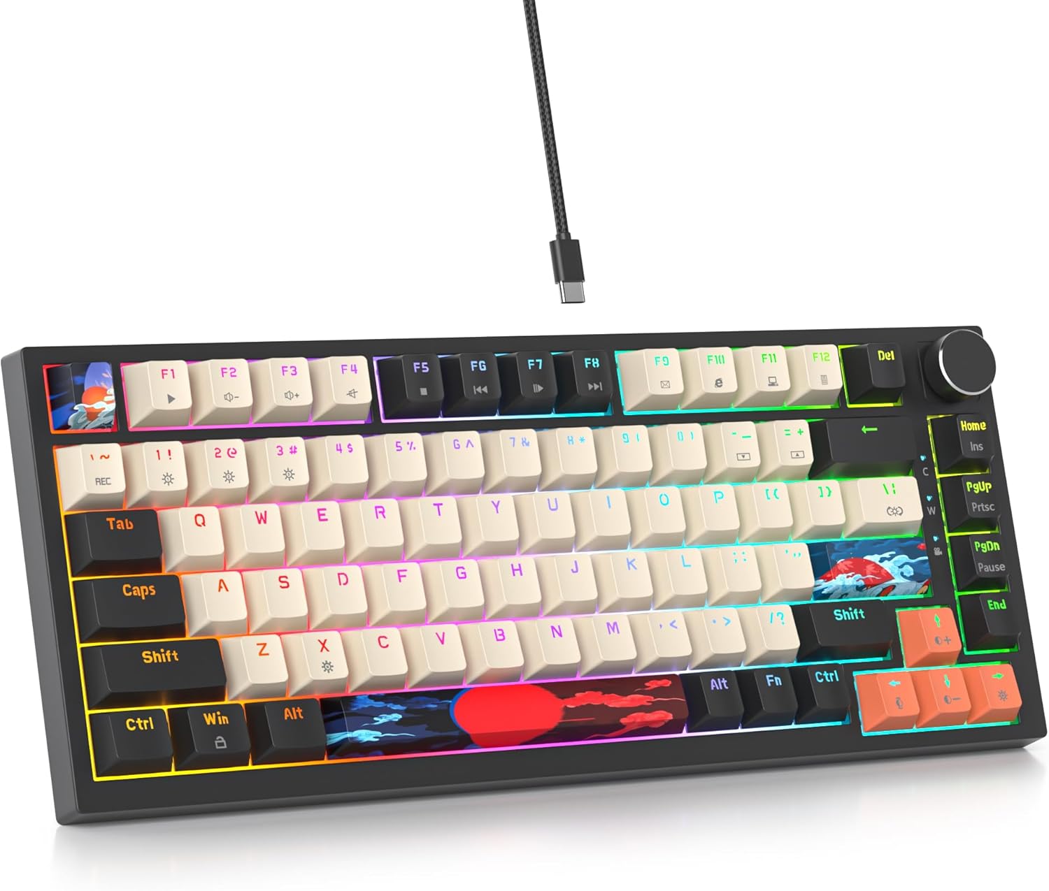 75 Percent Keyboard Gasket-Mounted with Sound Absorbing Pads, 82-Key Compact Wired RGB Mechanical Gaming Keyboard Hot-Swap Socket for Win, Carbon