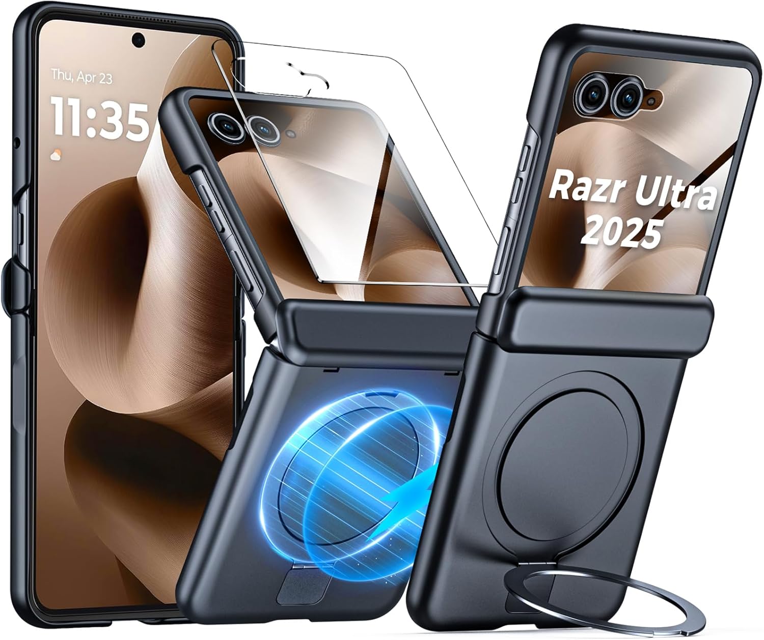 CENMASO for Motorola Razr Ultra 2025 Case with Hinge Protection & Built-in Screen Protector & Magnetic Ring Stand, Slim Rugged Shockproof Phone Case for Razr Ultra 2025-Black