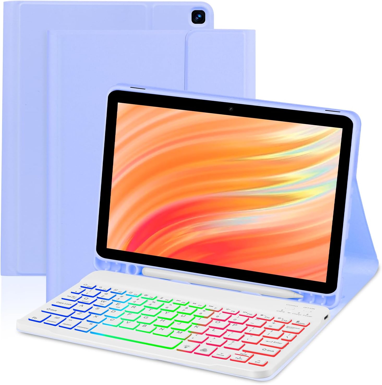 Tablet Case with Keyboard for Amazon Kindle Fire HD 10&10 Plus 11/13th Gen 10.1 inch,7 Color Rainbow Backlit Detachable Keyboard Magnetic Cover with Pen Slot HD 10 2021&2023 Purple+White