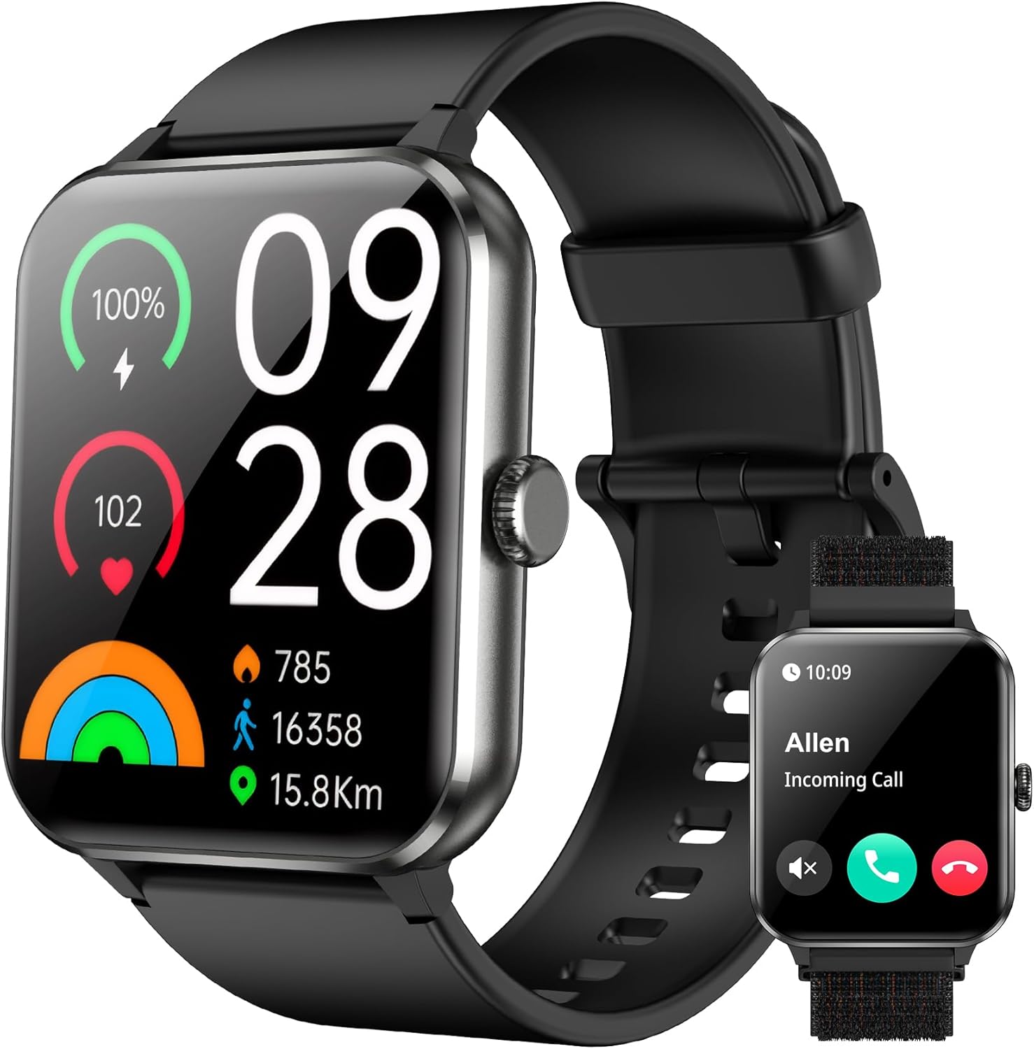 Smart Watch,1.85” HD Smartwatch for Men Women(Answer/Make Call), Fitness Watch with Heart Rate/Sleep/Spo2/IP68 Waterproof/100+ Sports Modes, Pedometer, Activity Tracker for Android & iOS (2 Straps)