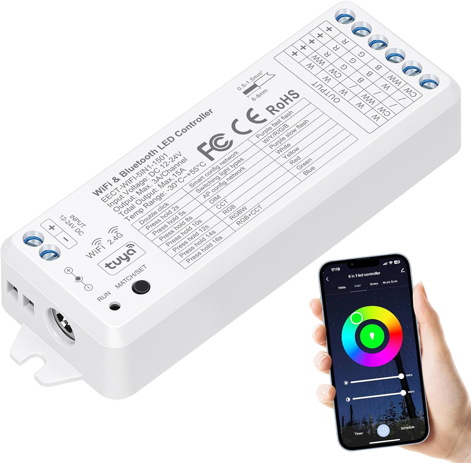 EMITEVER WiFi Bluetooth 5-in-1 LED Controller Dimmable for DC12-24V PWM Single Color/CCT/RGB/RGBW/RGBCCT LED Strip Lights, Compatible with Tuya APP/Smart Life/Alexa/Google Home