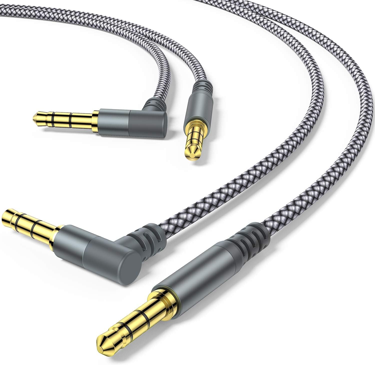 2 Pack Aux Cable, 3.3ft TRS Auxiliary Cables 90 Degree Right 3.5mm Nylon Braided 1/8 AUX Cord for Car Compatible with Stereos, Speaker, iPod iPad Smartphone, Headphones Sony,Echo Dot,Beats- Grey