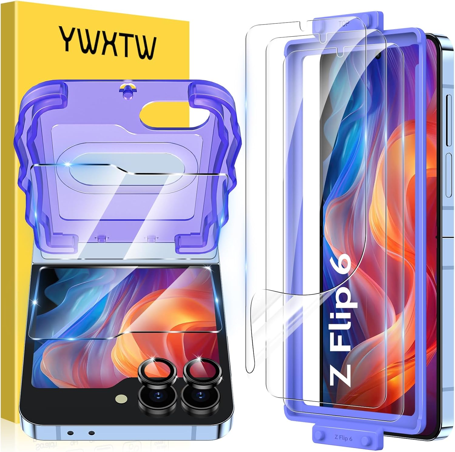 YWXTW EZ Alignment for Samsung Galaxy Z Flip 6 Screen Protector, [Strengthen Crease Test] 3Pcs Inner Soft EPU Film+2Pcs Front Display Tempered Glass+1 Set Camera lens Protector, Anti Scratch
