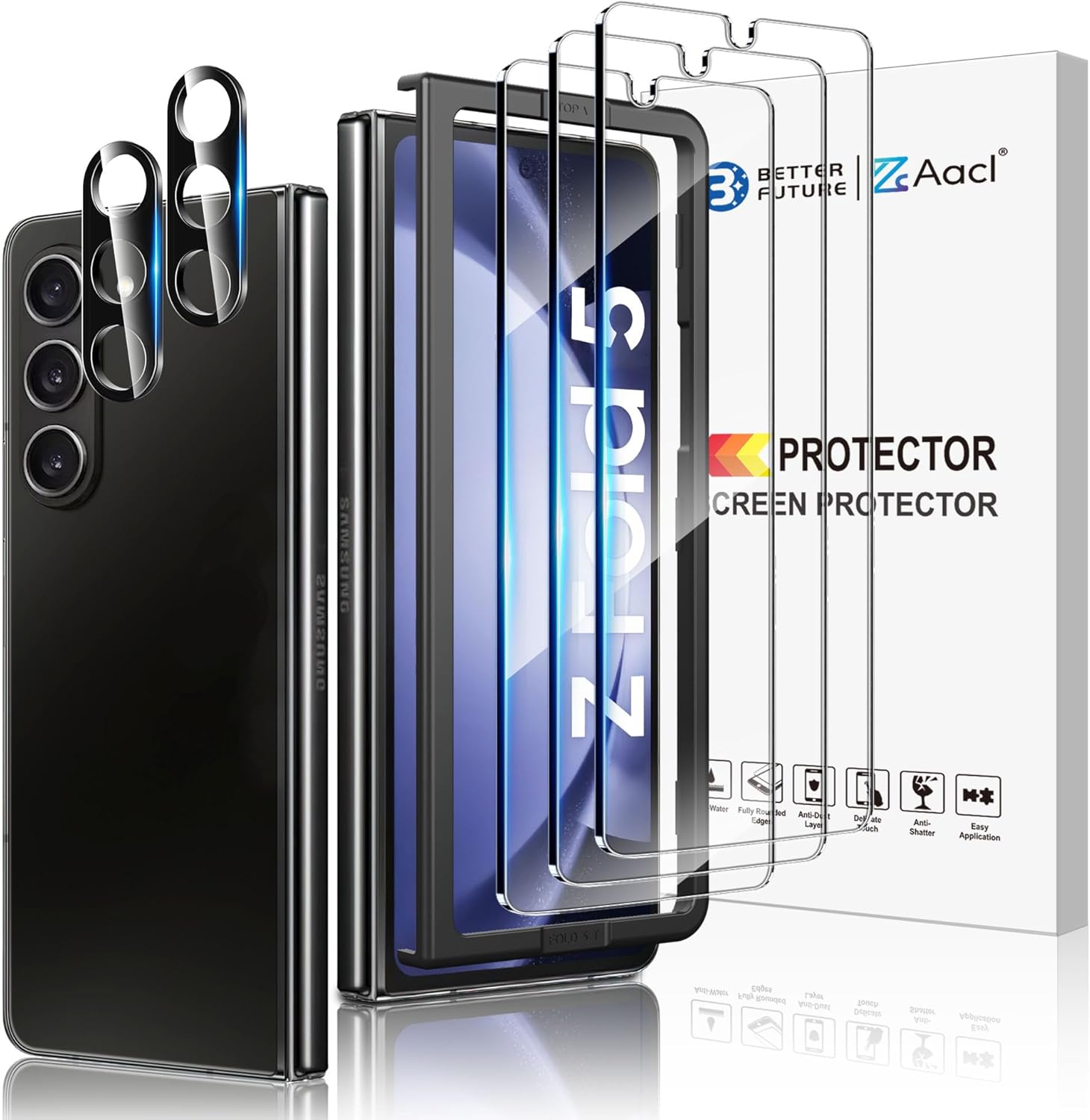 AACL [3 Pack Galaxy Z Fold 5 Screen Protector Tempered Glass [Front Screen Only]+ [2 Pack] Camera Lens Protector for Samsung Galaxy Z Fold 5 5g, Anti Scratch, Hd Clear, Bubble Free [Case Friendly]
