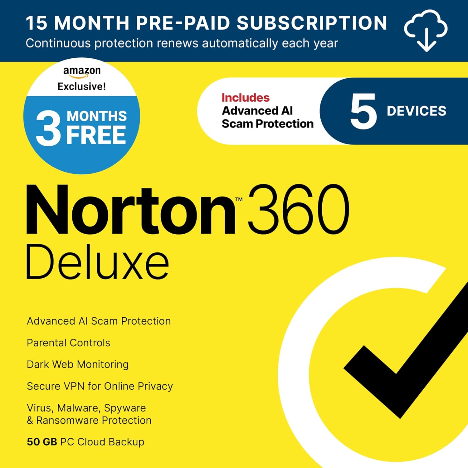 Norton 360 Deluxe 2025, Antivirus software for 5 Devices with Auto-Renewal – 3 MONTHS FREE – Includes Advanced AI Scam Protection, VPN, Dark Web Monitoring & PC Cloud Backup [Download]
