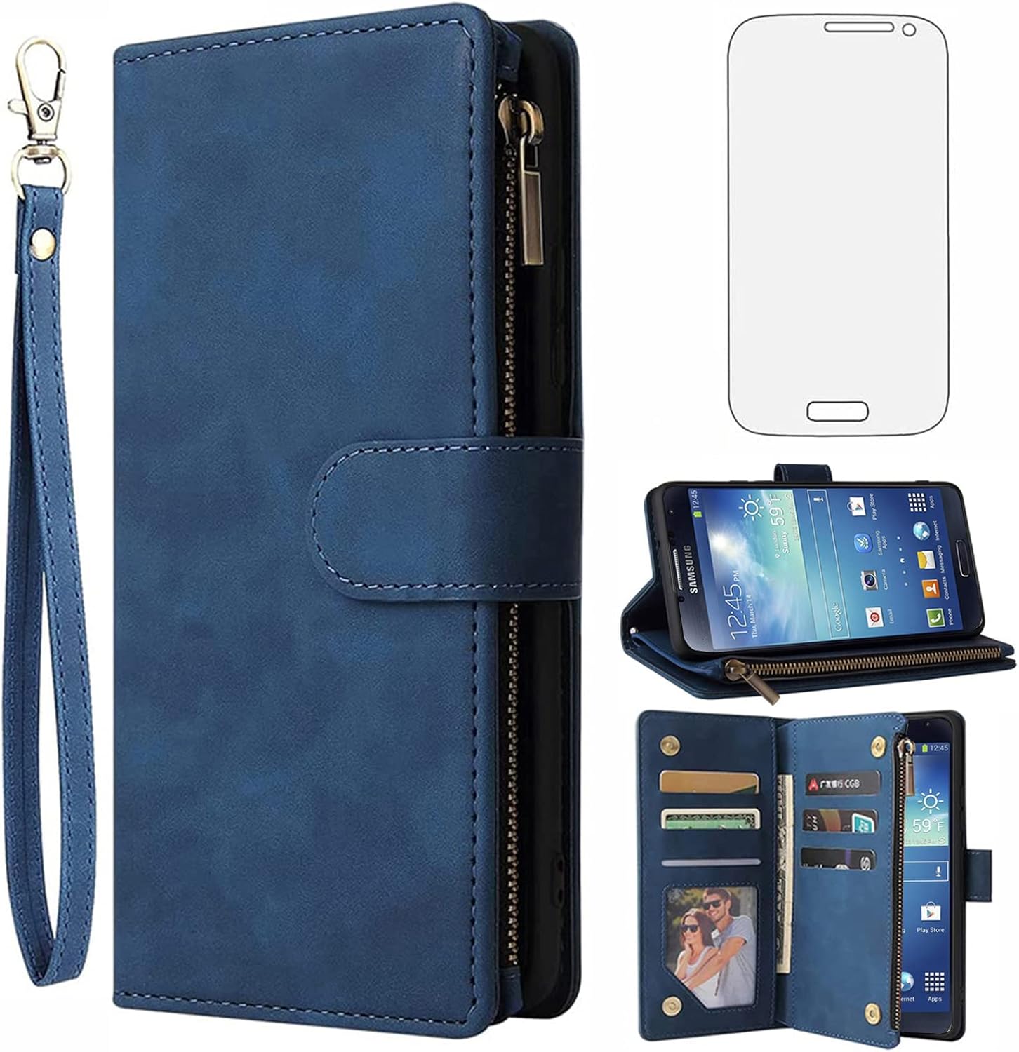 Asuwish Compatible with Samsung Galaxy S4 Wallet Case Tempered Glass Screen Protector and Leather Flip Cover Card Holder Cell Accessories Phone Cases for Glaxay S 4 Gaxaly 4S Galaxies GS4 I9500 Blue