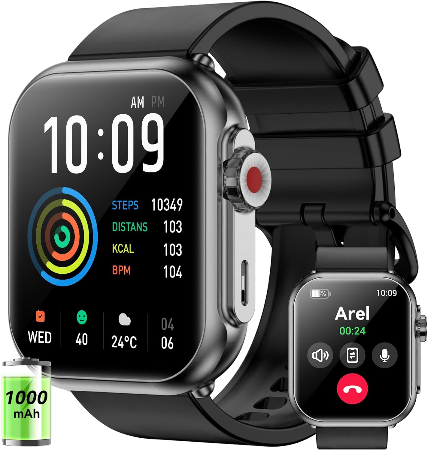 Smart Watch for Men Women, 1000mAh Battery 100-Day Standby Time, 1.85″ HD Screen Fitness Tracker, 110+ Sport Modes, IP68 Waterproof, Heart Rate/Sleep Monitor, Fitness Watch for Android/iOS(Black)