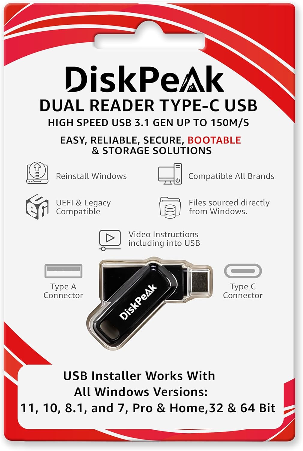 Windows 11 USB Installer & Window 10 Home Bootable Flash Drive – All in One OS Installation Media for PC, 32 & 64 bit Software, Win 8 & 7 – Dual Reader Type C & A (Key Not Included)