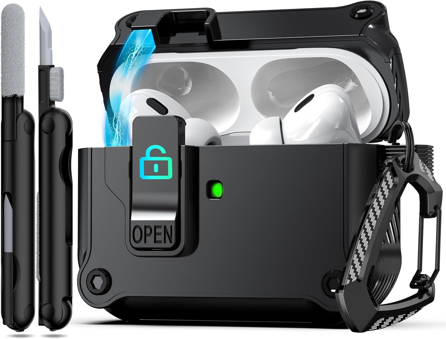 RFUNGUANGO for AirPods Pro 2nd/1st Generation Case Cover with Secure Lock Clip,Automatic Pop-up Case Full-Body Shockproof Hard Protective Cover for AirPods Pro 2 (2023/2022/2019) – Black