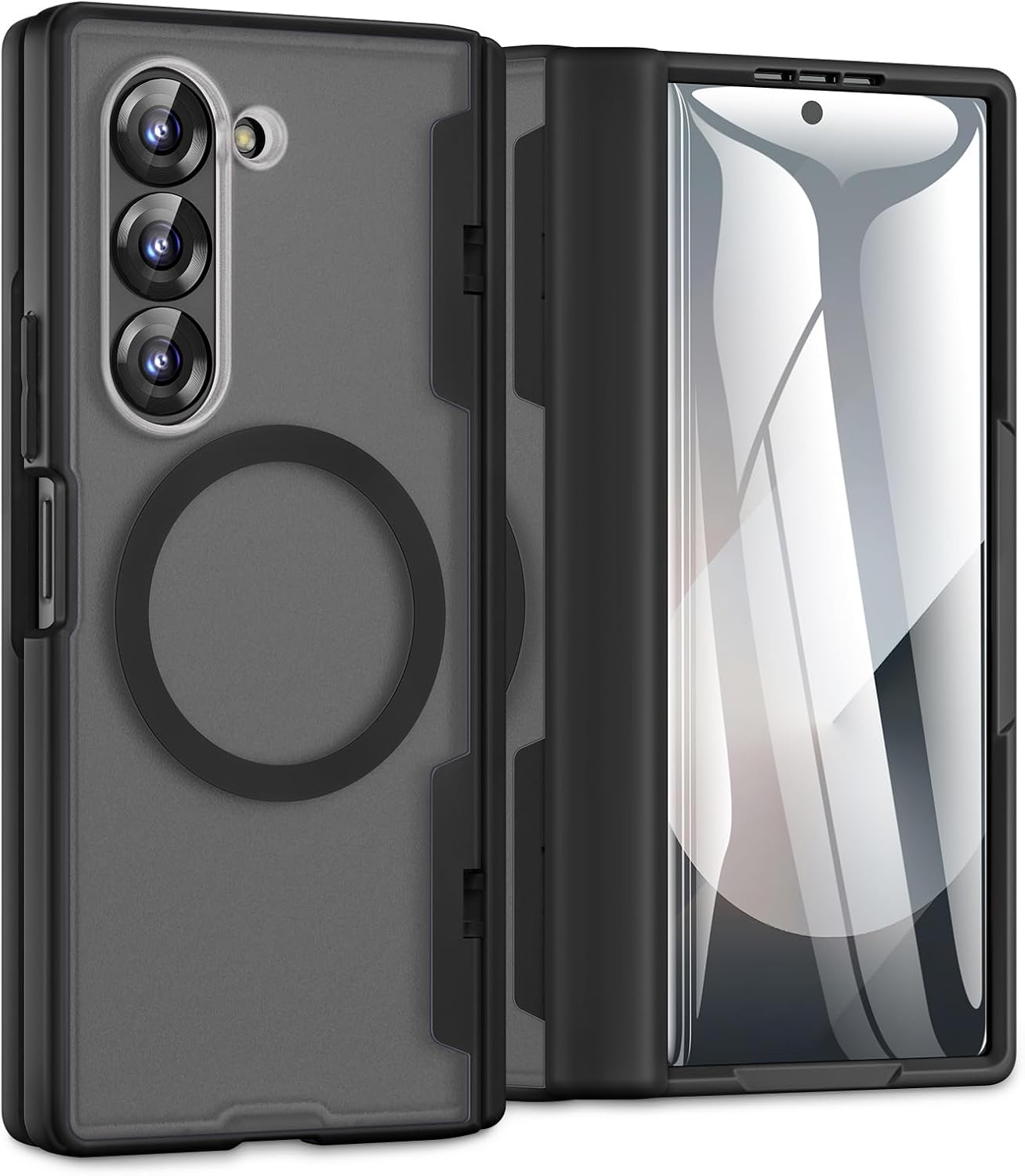 Caka for Samsung Galaxy Z Fold 5 Case [Magnetic Charging] [Hinge Protection] [Built-in HD Screen Protector] Translucent Hard Shockproof Magnet Phone Cover for Fold5 – Black