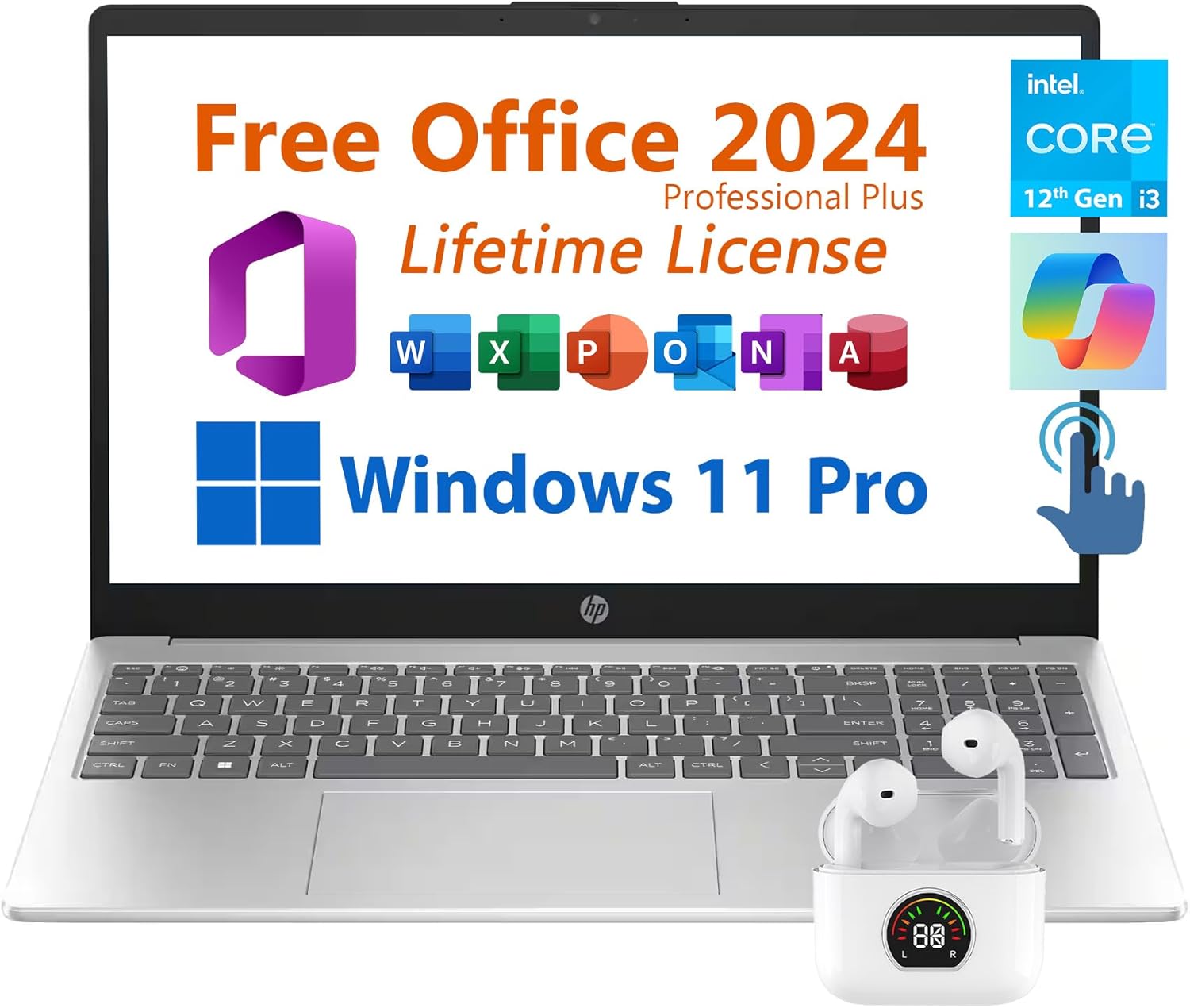 HP 15.6″ Business Laptop, Free Microsoft Office 2024 Lifetime License, Copilot AI Chat, HD Touchscreen Display, Intel 6-Core i3-1215U 4.4 GHz, 16GB RAM, 1TB SSD, Long Battery Life, Windows 11 Pro