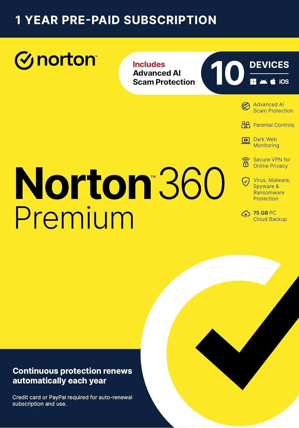 Norton 360 Premium, Antivirus software for 10 Devices with Auto-Renewal – Includes Advanced AI Scam Protection, VPN, Dark Web Monitoring & PC Cloud Backup [Key Card]