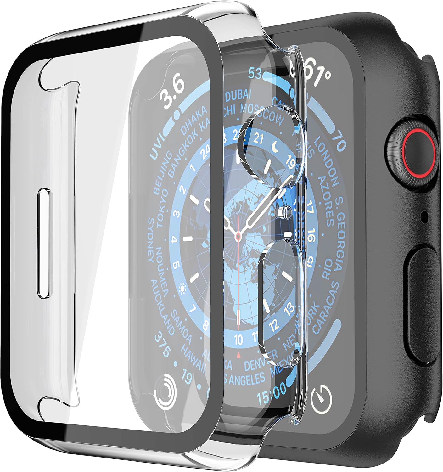 Misxi 2 Pack PC Case with Tempered Glass Screen Protector Compatible with Apple Watch Series 9 (2023) Series 8 Series 7 45mm, Ultra-Thin Scratch Resistant Cover for iWatch, 1 Black+1 Transparent