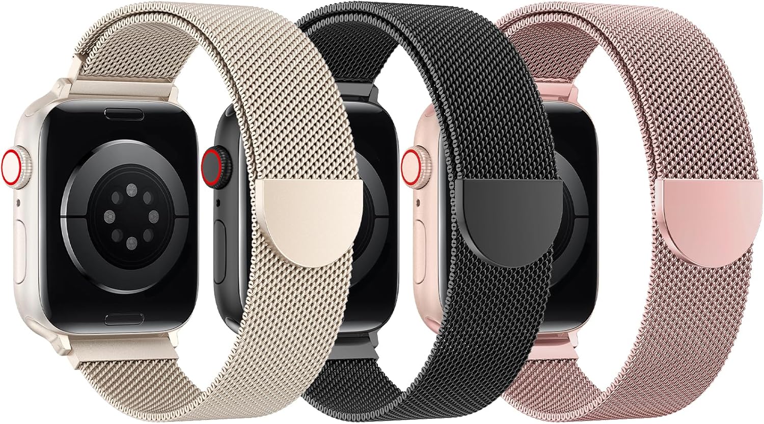 BELONGME 3 Pack Mesh Loop Compatible with Apple Watch Bands for Women Men 40mm 41mm 38mm 42mm 44mm 45mm 49mm 46mm Series 10 9 8 7 6 5 4 3 2 1 Ultra SE, Stainless Steel Metal Magnetic Strap for iWatch