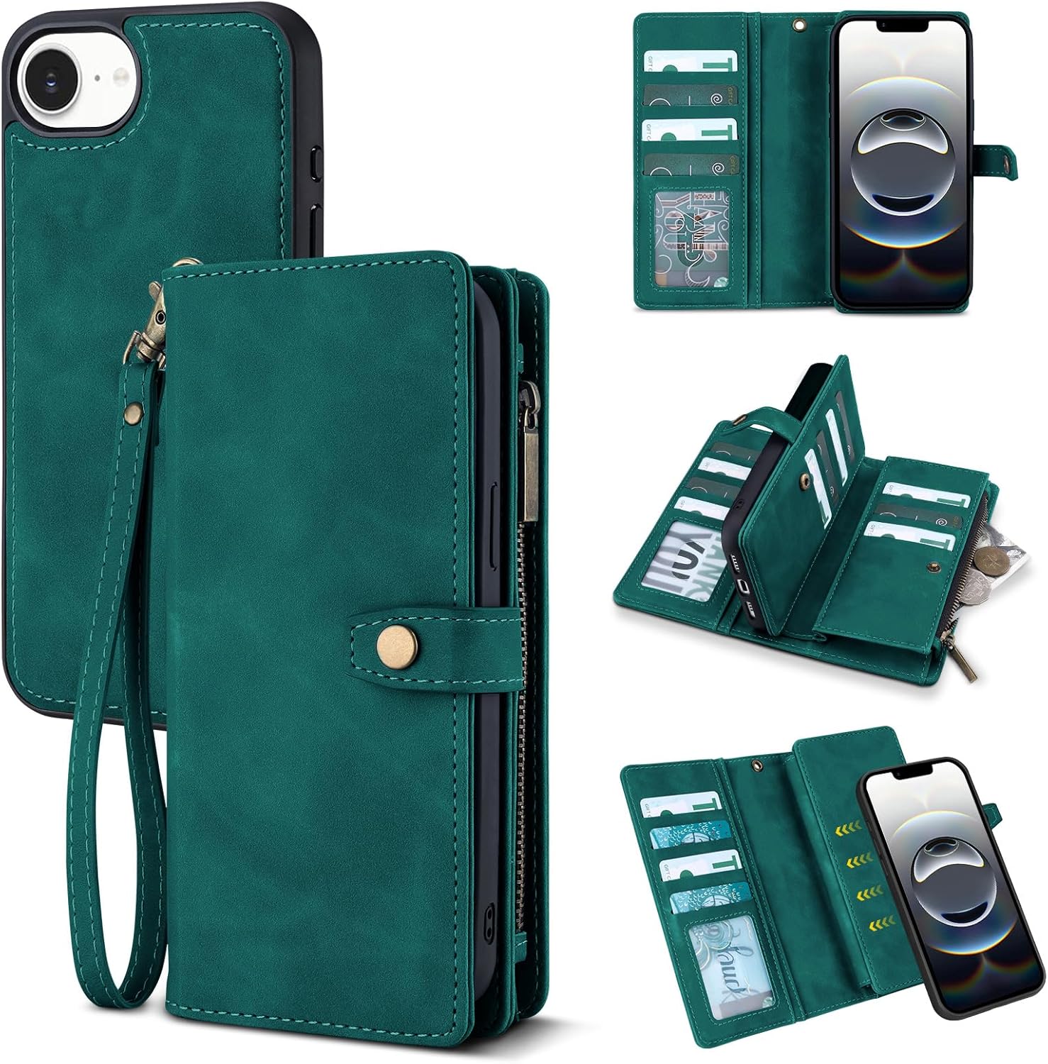 TwoHead Wallet Case Compatible with iPhone 16e,Detachable Magnetic Phone Case,PU Leather All-Round Protective Cover Wallet with Card Holder/Change Pocket,6.1 in,Green