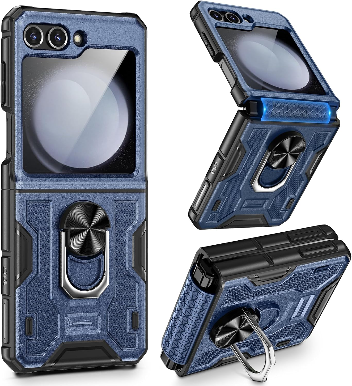 VEGO for Galaxy Z Flip 5 Case, Samsung Z Flip 5 case with Screen Protector & Hinge Protection, 360° Ring Kickstand, Full Body Protective Cover Case for Samsung Flip 5 2023 – Navy Blue
