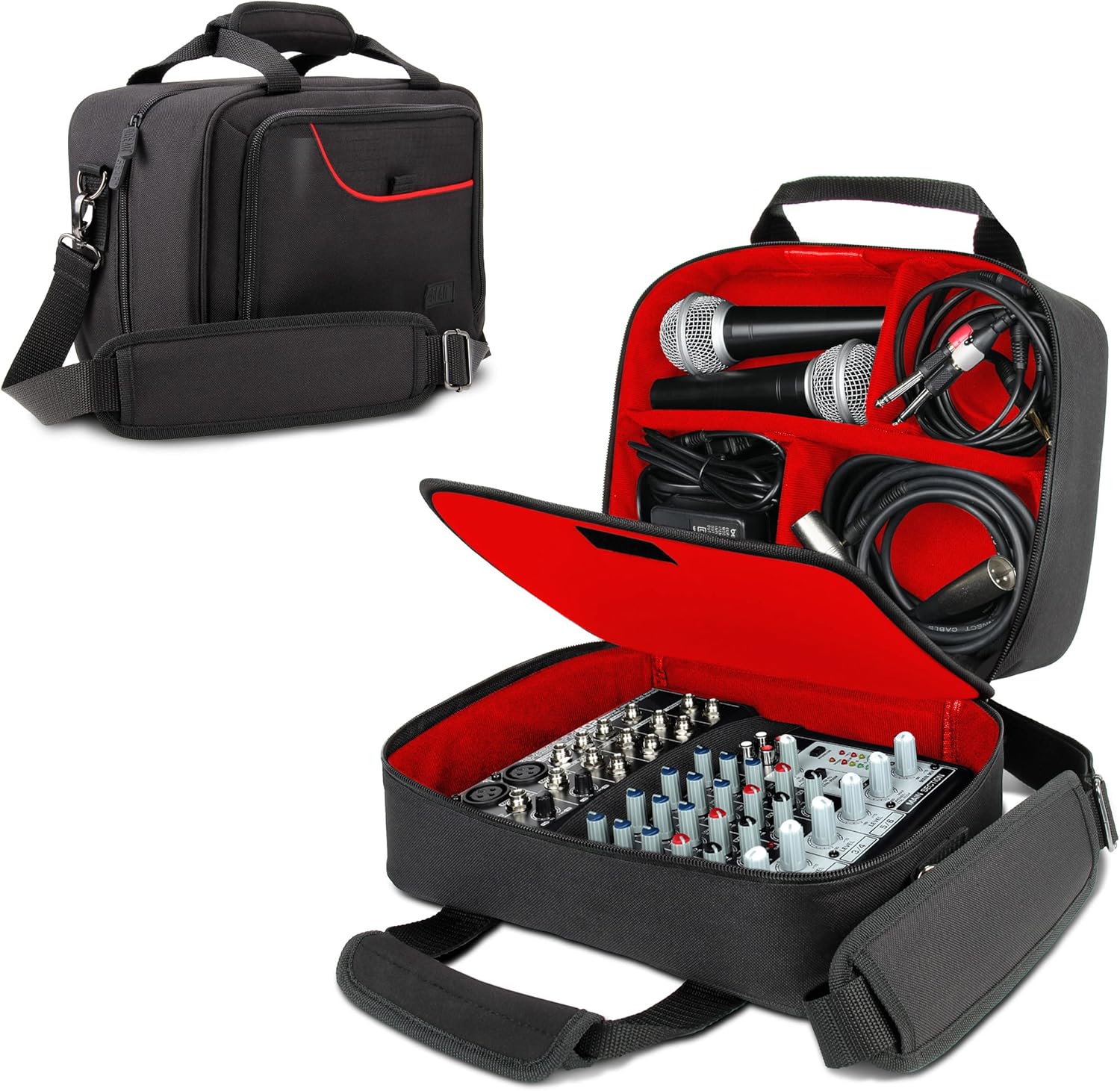 USA Gear Compact Audio DJ Mixer Case – Mixer Bag with Custom Storage for Cables & Microphones Compatible with Behringer Xenyx 802, 502, 1002, Q802USB & More – Scratch & Water Resistant (Red)