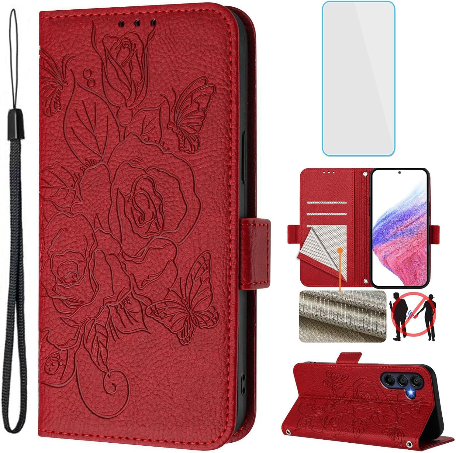 for Samsung Galaxy A26 5G Phone Case Wallet with Screen Protecter RFID Blocking Flip Card Slot Women Cell Phone Cover Floral Blutterfly Case for Samsung A 26 Galaxy 26A 5G Red
