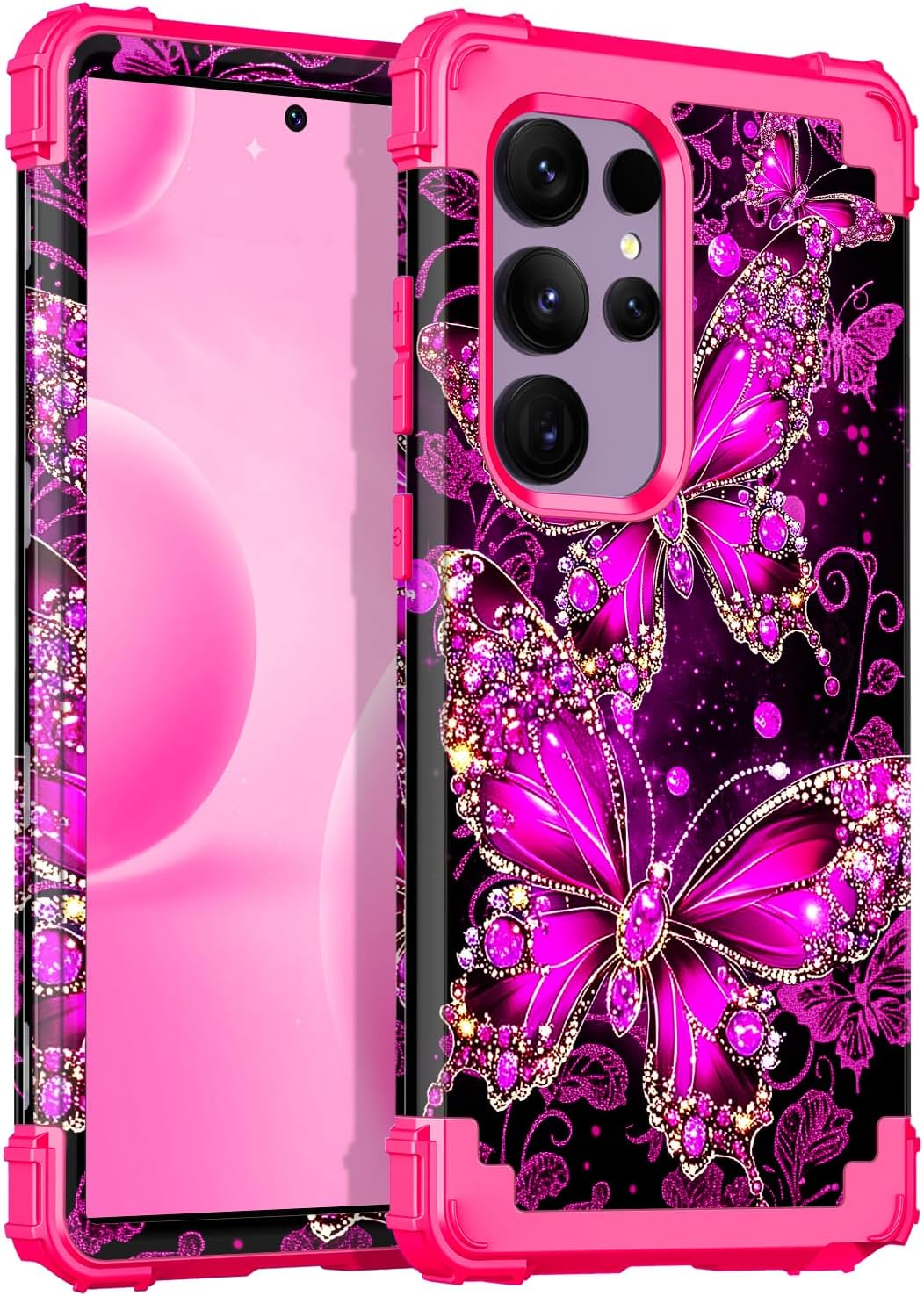 Casetego for Galaxy S24 Ultra 5G Case,Glow in The Dark Three Layer Heavy Duty Sturdy Shockproof Full Protection Rugged Hard PC+Soft TPU Bumper Case for Samsung Galaxy S24 Ultra 6.8 inch,All Red