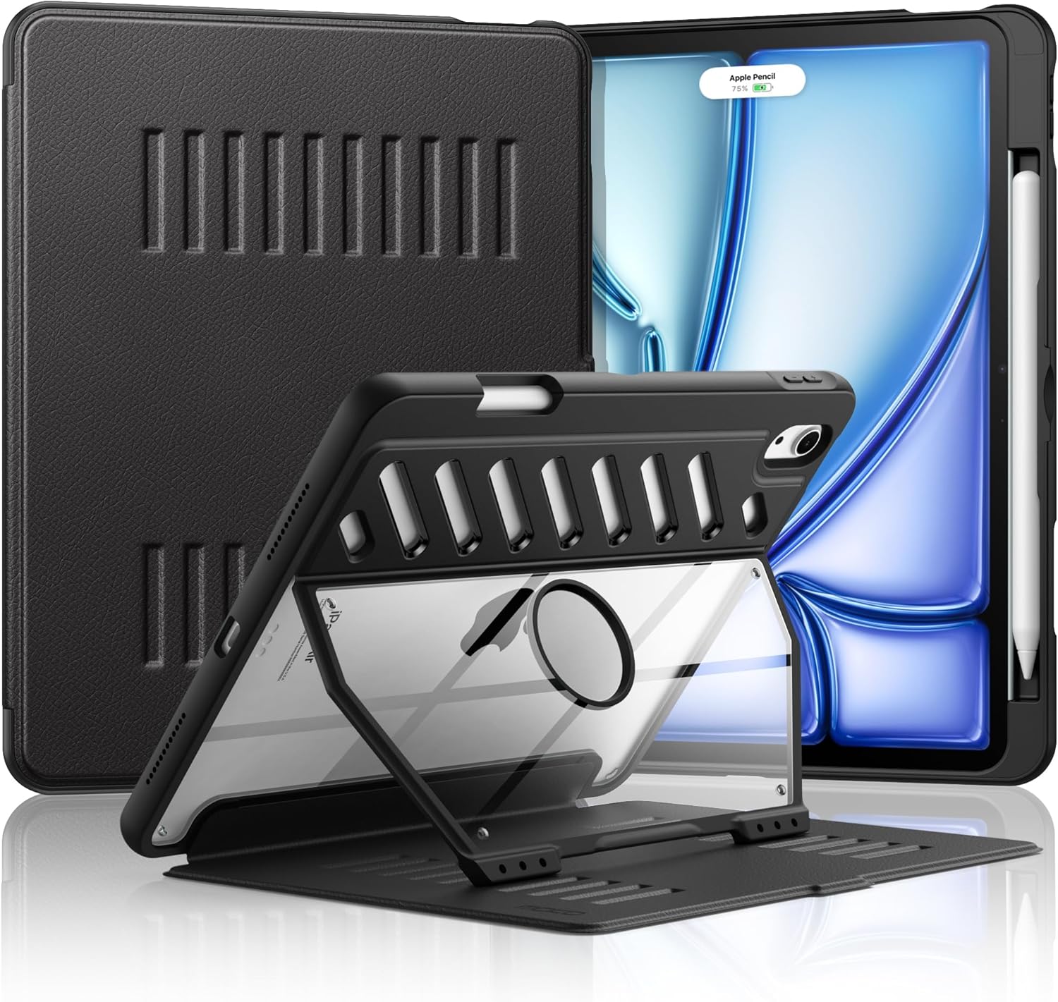 MoKo for iPad Air 11 (M3 2025 / M2 2024) iPad Air 4 & 5 10.9 Inch (2020/2022) with Pencil Holder, [10 Strong Magnetic Standing Angles] Rugged Shockproof Heavy Duty Protective Cover, Black
