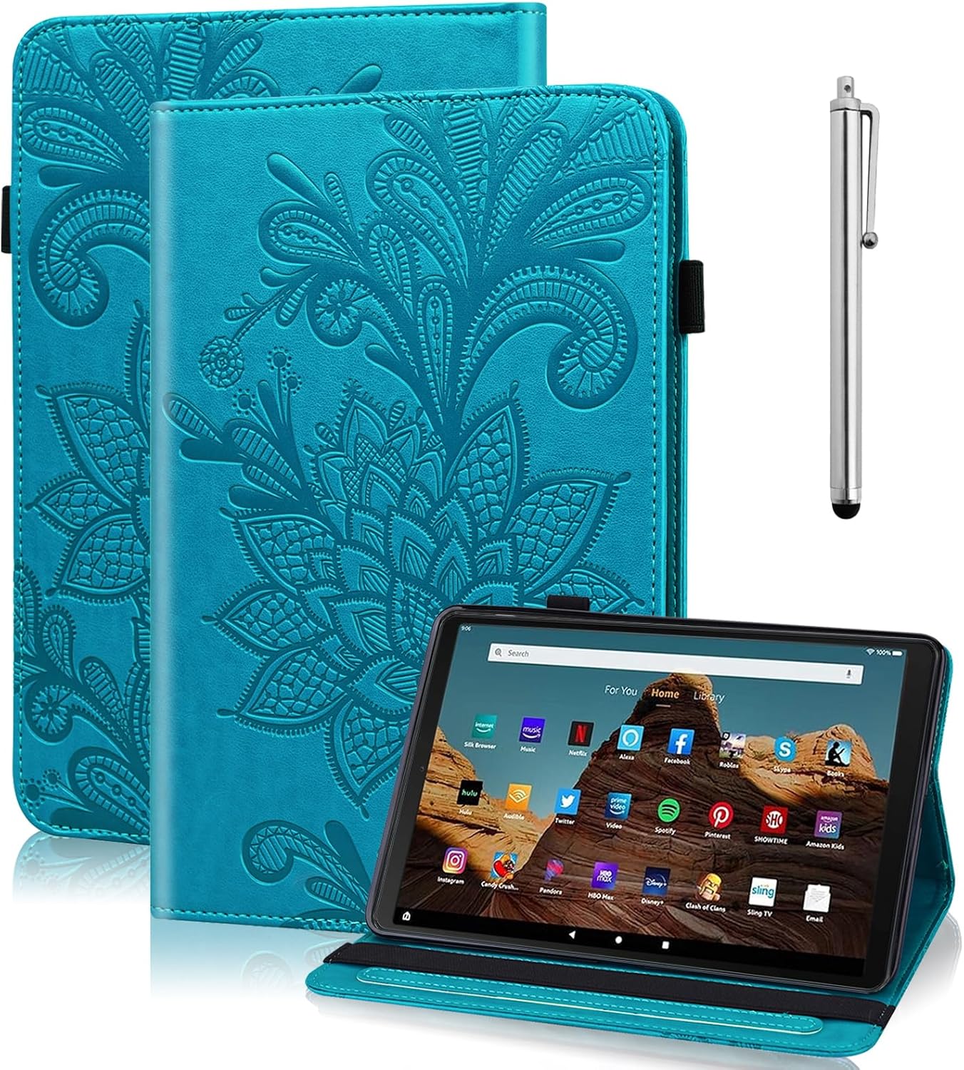 Case for Amazon Kindle Fire HD 10 9th/7th/5th Generation 10.1 Inch with Card Slots, Flower Pattern Embossed PU Leather Folio Wallet Stand Case for Fire HD 10 2019/2017/2015, Blue