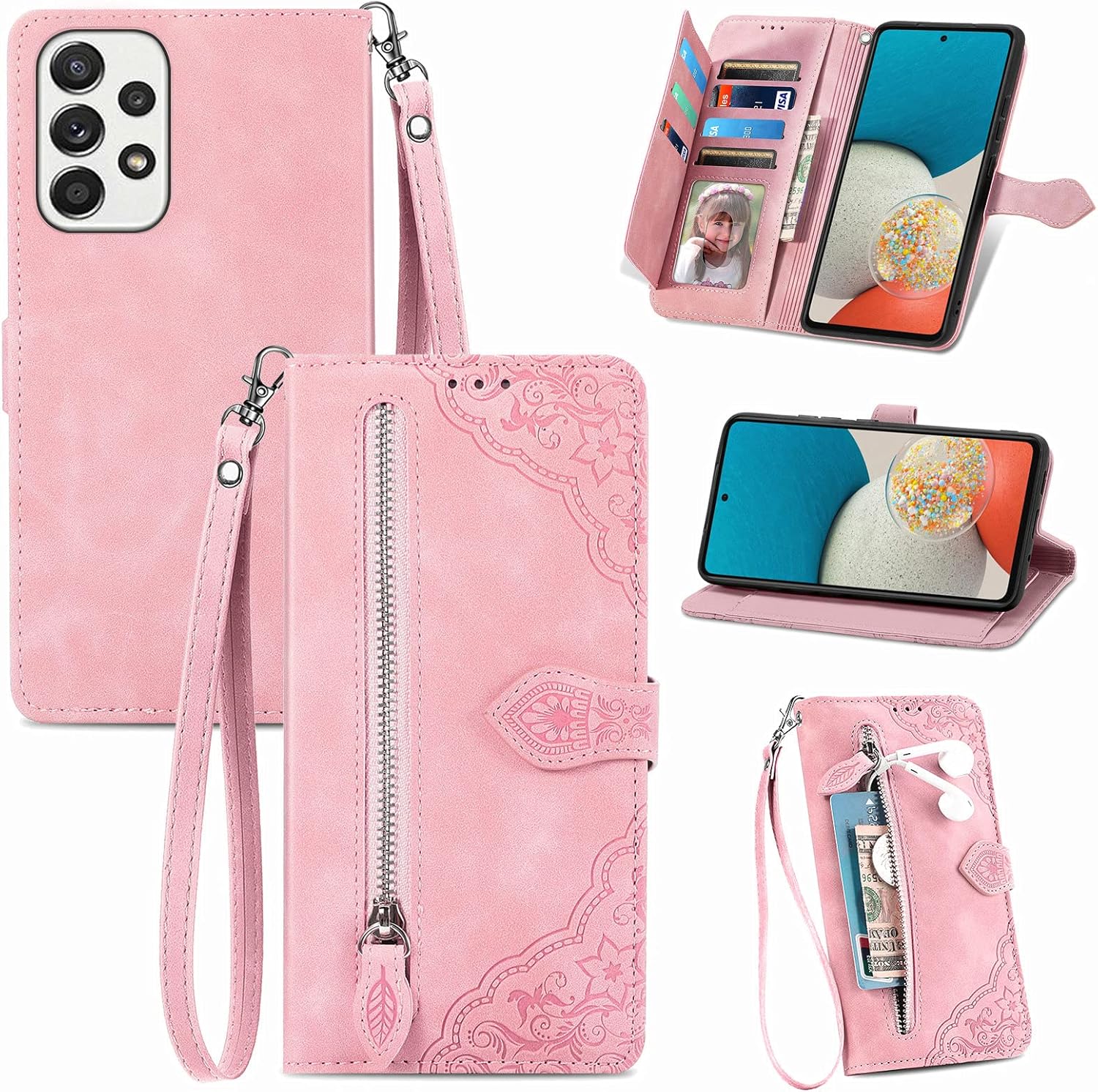 Compatible with Samsung Galaxy A53 5G Wallet Case with Wrist Strap Lanyard and Leather Flip Card Holder Stand Cell Accessories Phone Cover for A 53 G5 53A SM A536U 6.5″ 2022 Women Men Pink