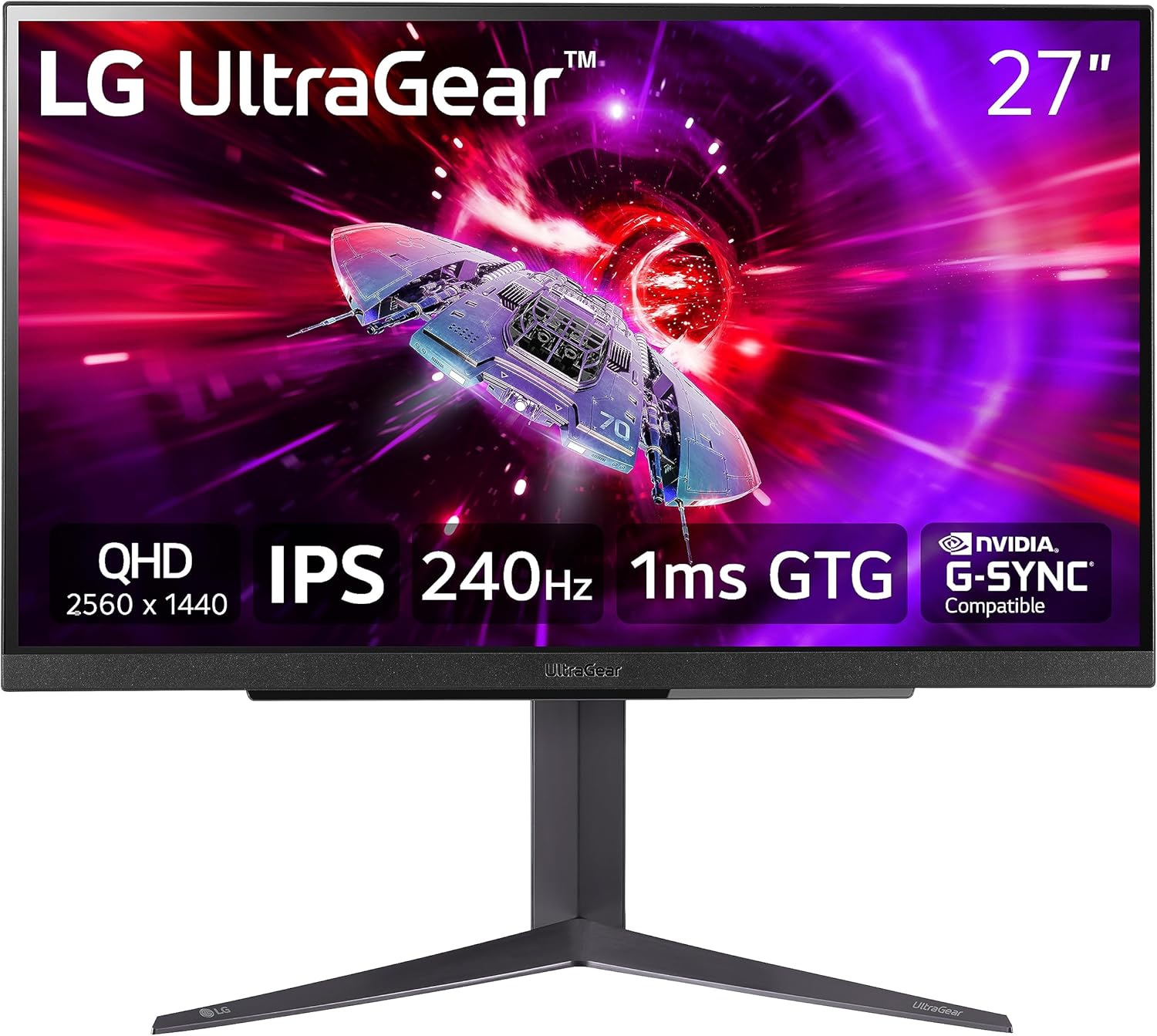 LG 27″ UltraGear QHD (2560×1440) Gaming Monitor, 240Hz, 1ms, VESA DisplayHDR 400, G-SYNC and AMD FreeSync Premium, HDMI 2.1, DisplayPort, 4-Pole HP Out DTS HP:X, Tilt/Height/Pivot Stand, Black