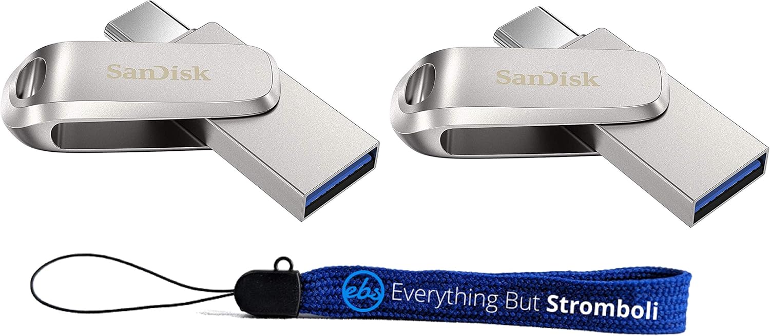 SanDisk 512GB Flash Drive (Bulk 2 Pack) Ultra Dual Drive Luxe USB Type-C for Smartphones, Tablets, and Computers – High Speed USB 3.1 (SDDDC4-512G-G46) Bundle with (1) Everything But Stromboli Lanyard