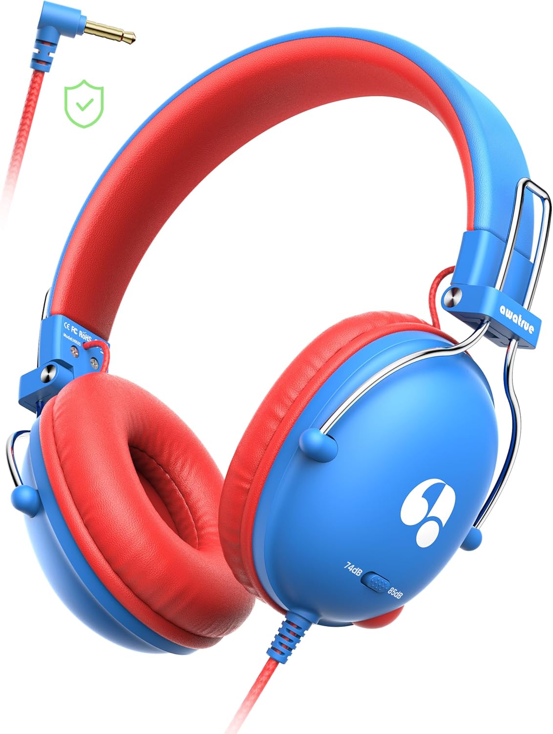 Kids Headphones with Cord for School, 74/85dB Volume Limit, Wired On-Ear Headphones for Kids Boys Girls, Stereo Sound, 3.5mm Jack for Tablet, Kindle, YOTO Player, Airplane Travel, Blue Red (HK05)