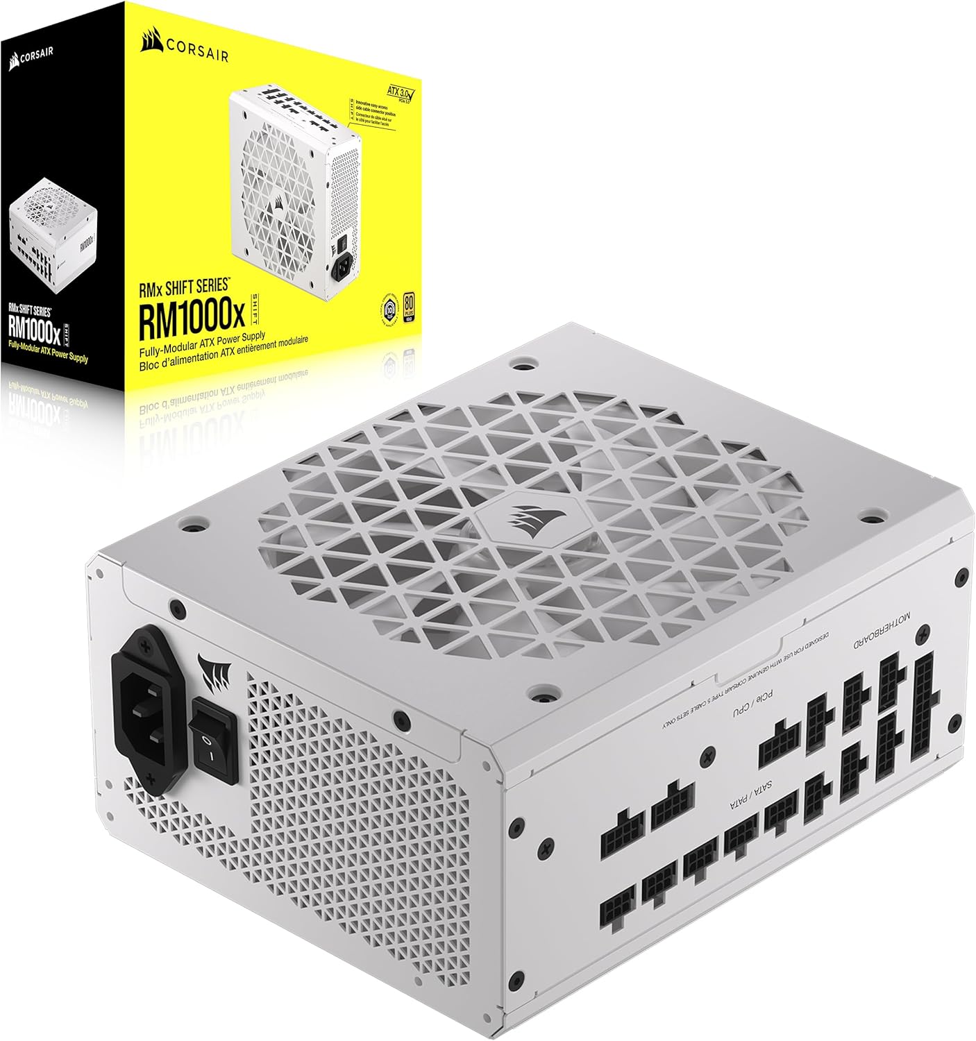 CORSAIR RM1000x Shift Fully Modular ATX Power Supply – 80 Plus Gold – ATX 3.1 – PCIe 5.1 – Zero RPM – Modular Side Interface – White
