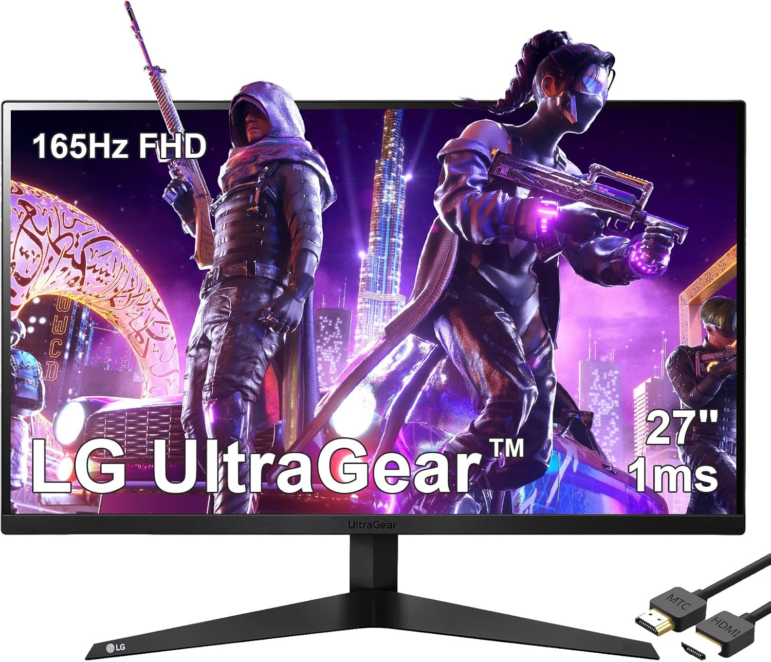 LG 27” Ultragear Gaming Monitor, FHD (1920 x 1080), 165Hz, 1ms, 3-Side Virtually Borderless Screen, AMD FreeSync Premium & Black Stabilizer, Black, with MTC HDMI Cable, 27GQ40W-B