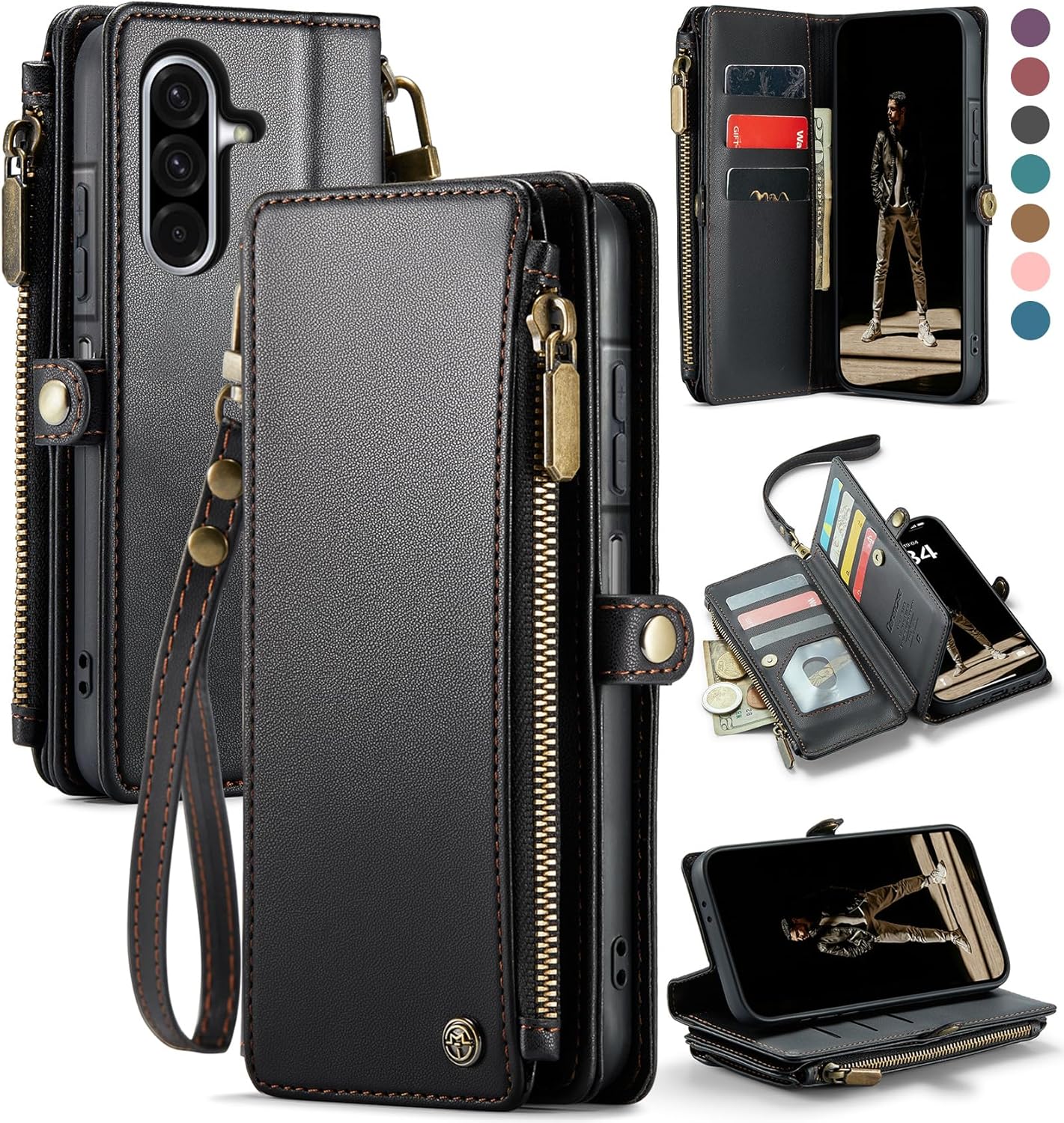 Defencase for Galaxy A36 5G Case Wallet with RFID Blocking Card Holder for Women Men, Fashion PU Leather Magnetic Snap Flip Zipper Wrist Strap Wallet Phone Case for Samsung Galaxy A36 5G, Black