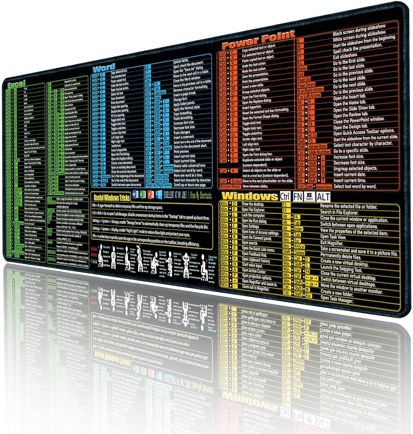 Excel/Word/Power Point/Windows Mouse pad,Non-Slip&Waterproof Large Gaming Office pc Desk mat(XL 31.5 x 11.8 in),Over 200 Keyboard Shortcuts Mousepad