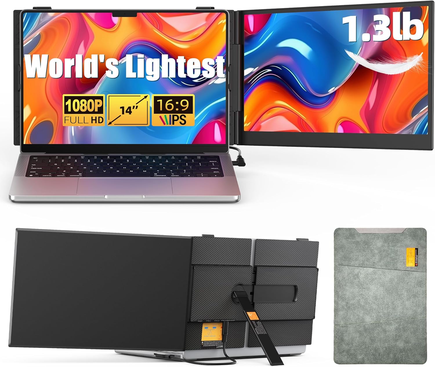 14″ Dual Laptop Screen Extender with 1.3lbs – Ultra Thin Portable Monitor for Laptop Plug & Play, FHD 1080P Laptop Extended Monitor for 13″-17″ Laptops, USB-C/HDMI Travel Display for Mac/Win