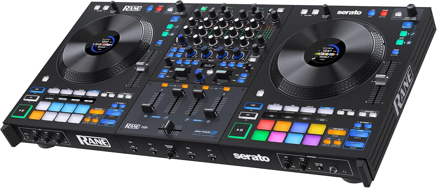 Rane Four Advanced 4 Channel Stems Controller-8.5″ Jog Wheels with displays, Mixer with Internal FX, Serato DJ Pro and Pitch ‘n Time Included