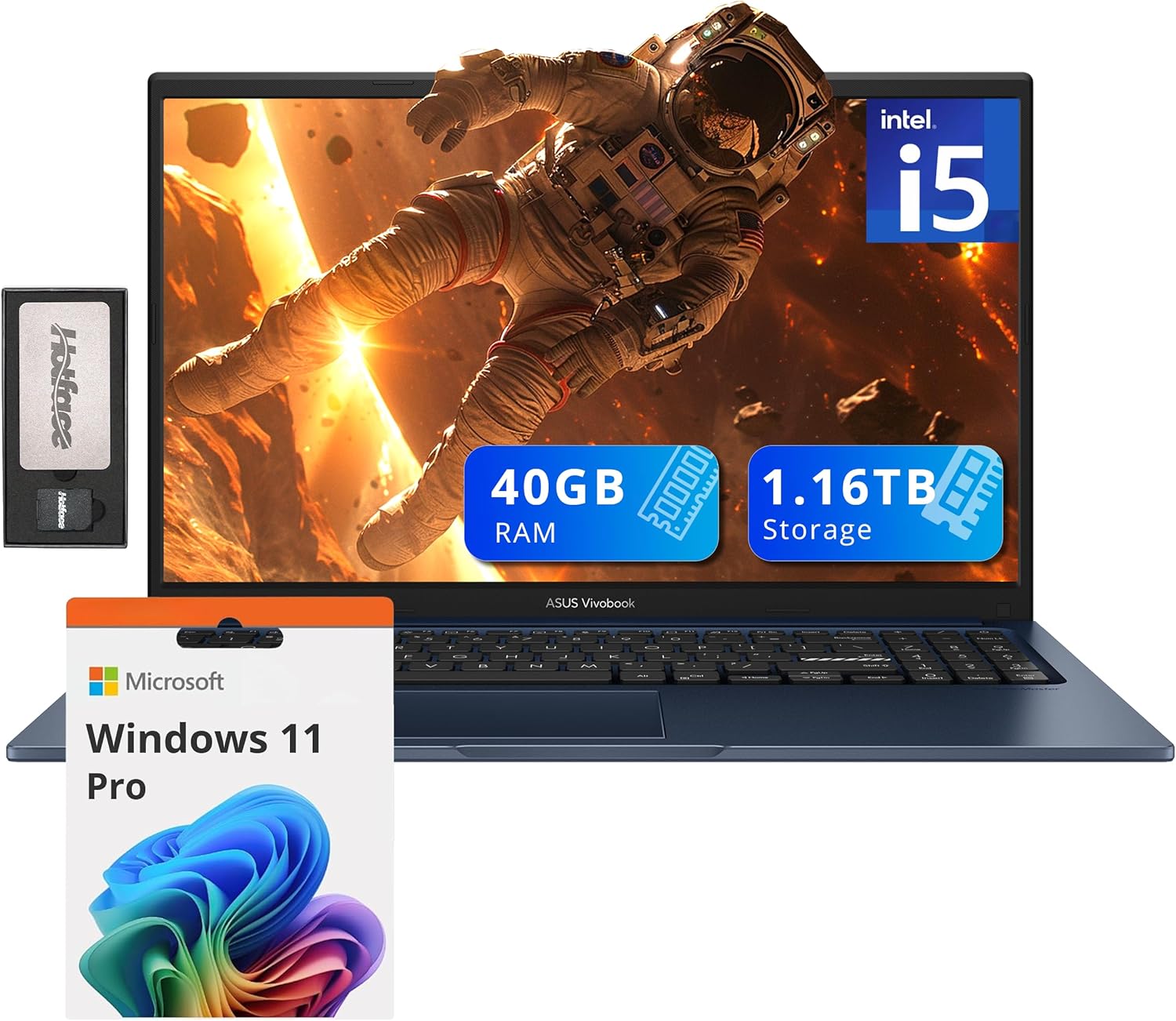 ASUS Vivobook 15.6 FHD Laptop, Intel i5-1235U, 40GB DDR4 RAM, 1.16TB Storage (1TB SSD+160GB Docking Station Set), Intel Iris Xe Graphics, Number Pad, WiFi 5, Win 11 Pro, Quiet Blue