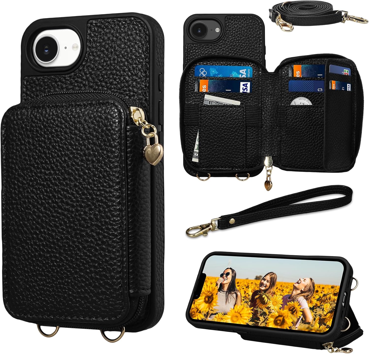 Keallce Case for iPhone 16e 2025 6.1” Case Wallet, Crossbody Zipper with RFID Blocking Card Slots Kickstand,Handbag Zipper Flip Cover with Wrist Strap for iPhone 16e Men Women, Black