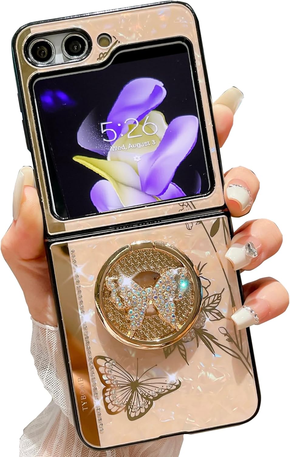 Galaxy Z Flip5 Kickstand Case,Cute Bling Butterfly Floral Elegant Luxury Rhinestone Diamond Shockproof Soft TPU Bumper Cover for Girls Women for Samsung Galaxy Z Flip 5 2023 (Rose Gold)