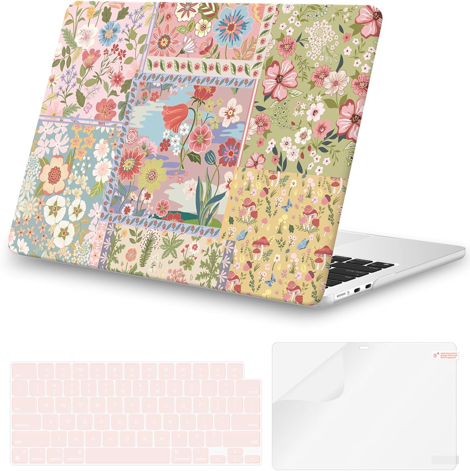 iCasso for MacBook Air 13.6 inch Case 2025 2024-2022 Release M4 M3 M2 Model A3240 A3113 A2681 (Pink Flower Patchwork)