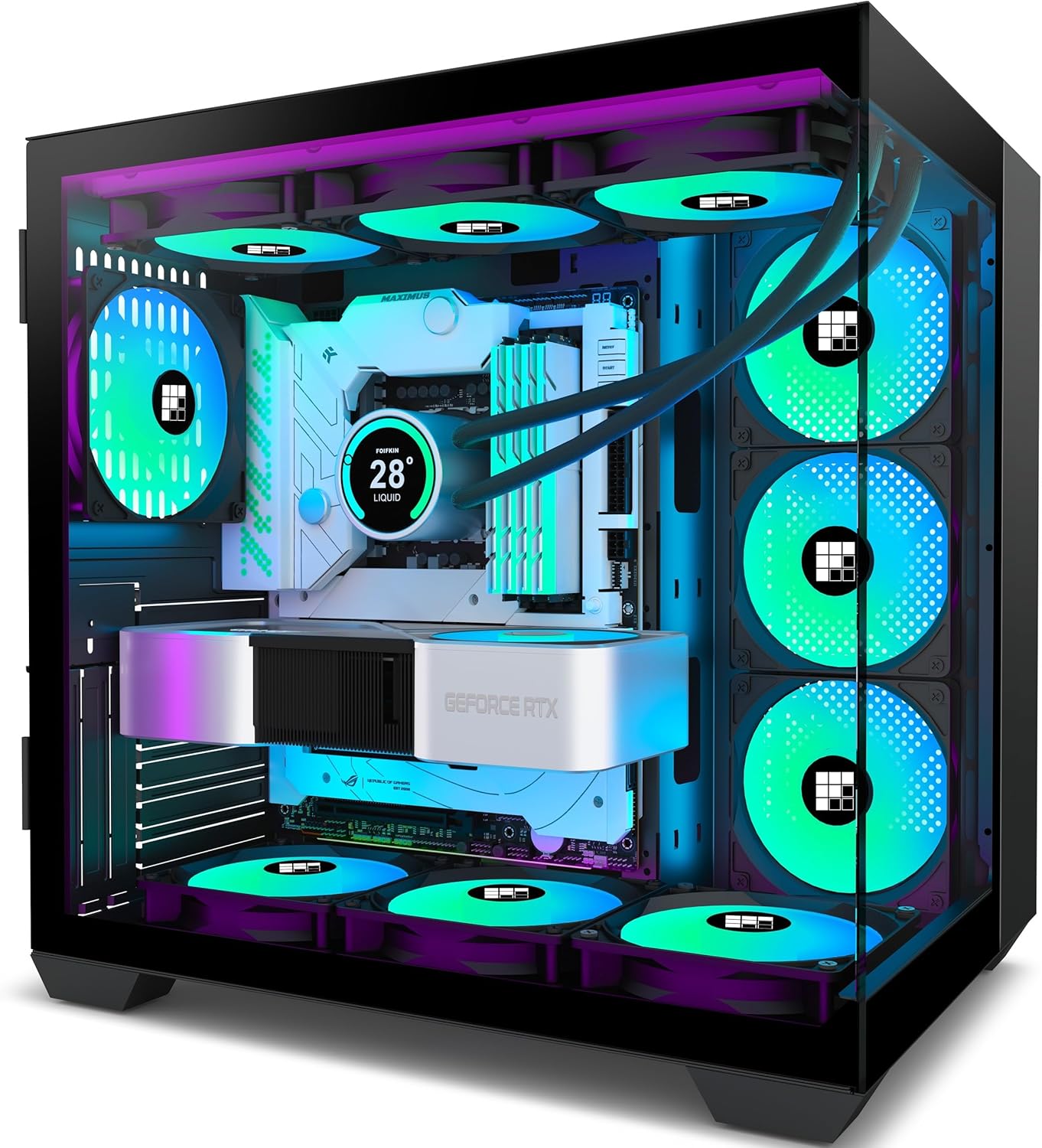 F600 PC Case – Pre-Installed 7 PWM ARGB Fan, ATX Mid-Tower Gaming PC Case, 270° Panoramic Glass with Type-C, FOIFKIN (Black, F600)