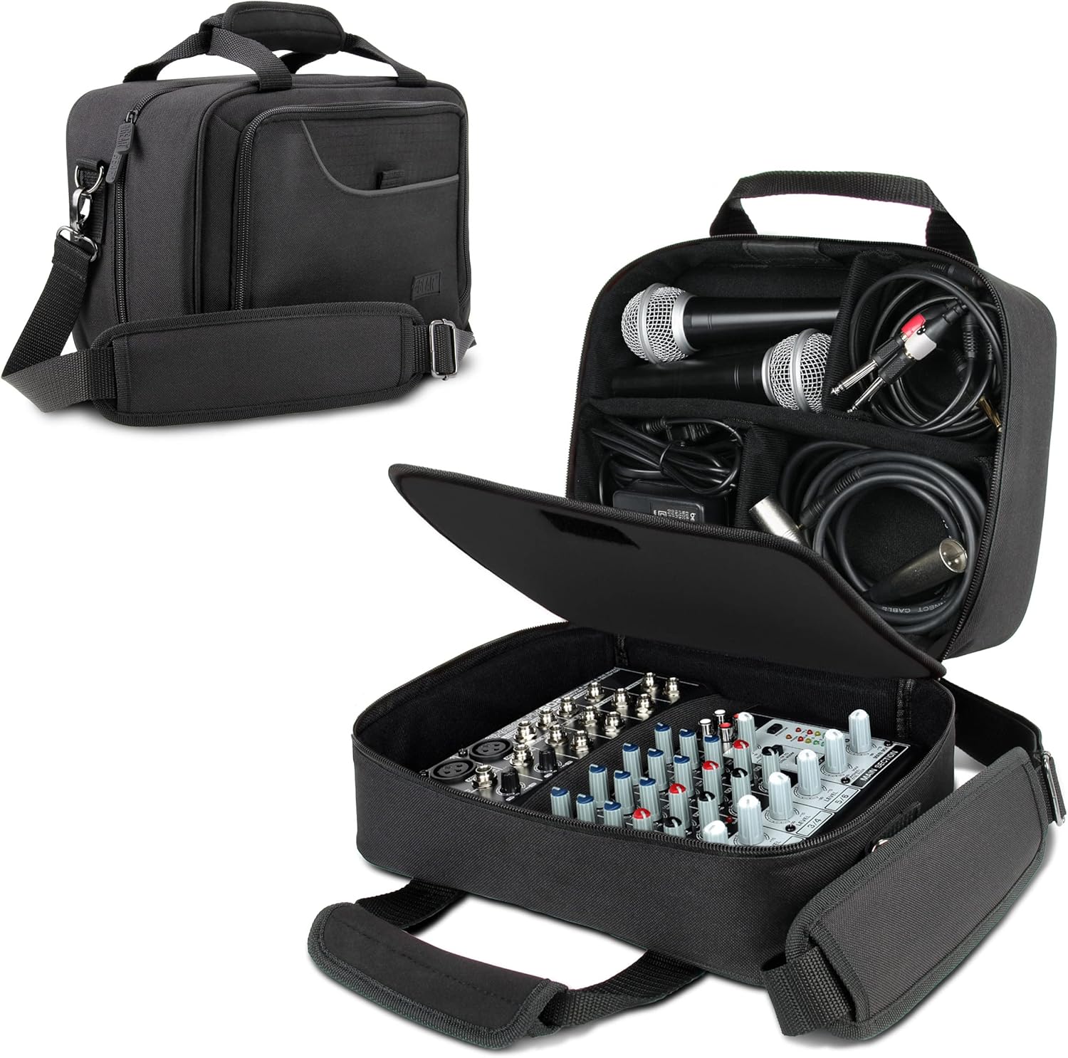USA Gear Compact Audio DJ Mixer Case – Mixer Bag with Custom Storage for Cables & Microphones Compatible with Behringer Xenyx 802, 502, 1002, Q802USB & More – Scratch & Water Resistant (Black)